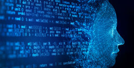computer code and nodes and connections forming the image of a human face